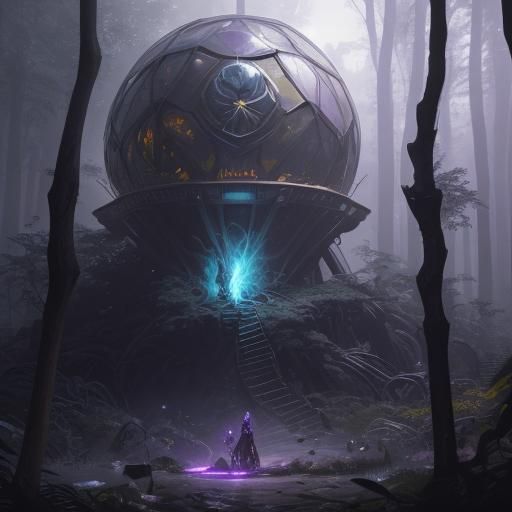Fantasy Machine Emitting Energy Dome in Dark Forest