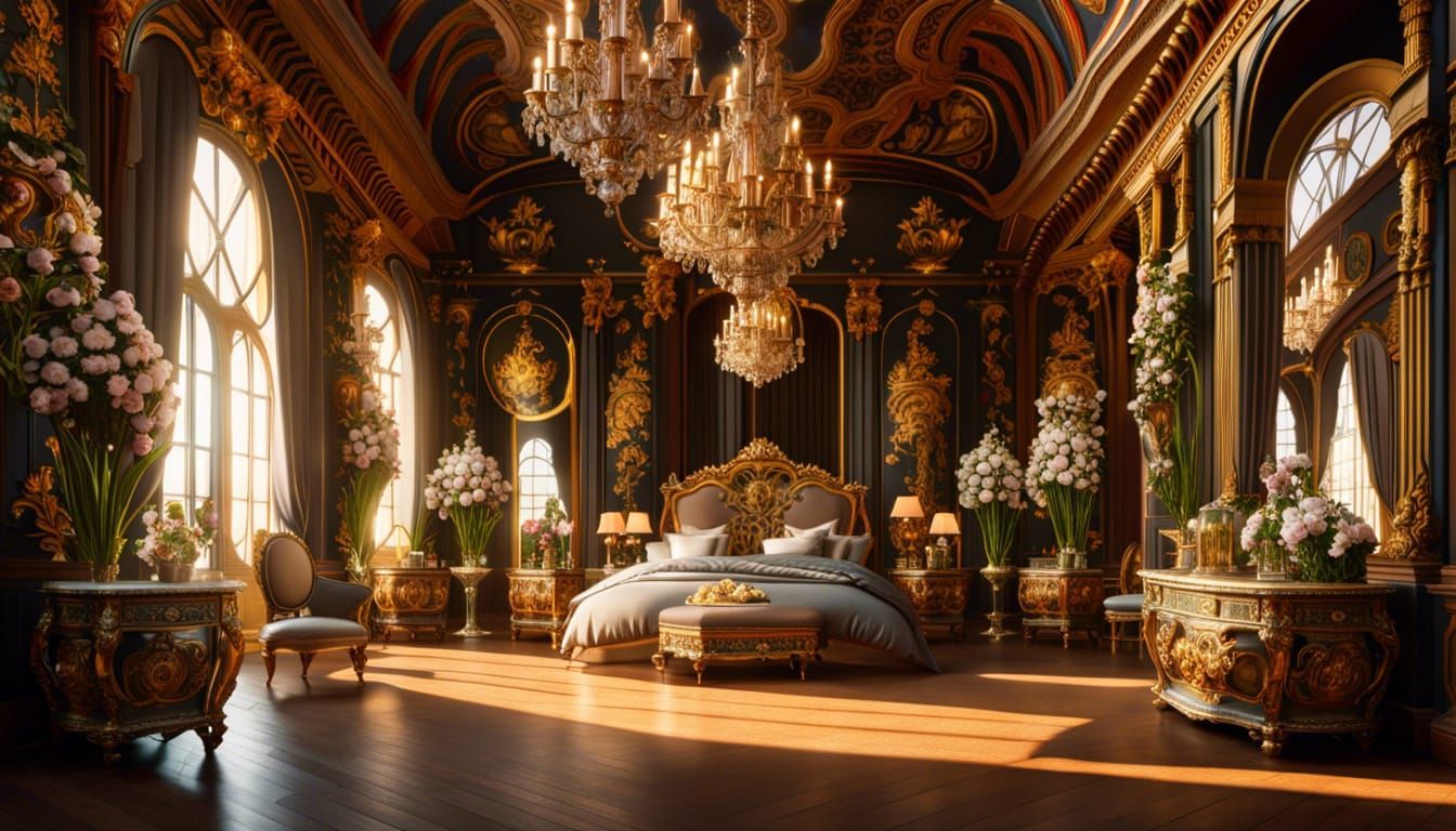 Elaborate Baroque Bedroom with Flowers and Mirrors