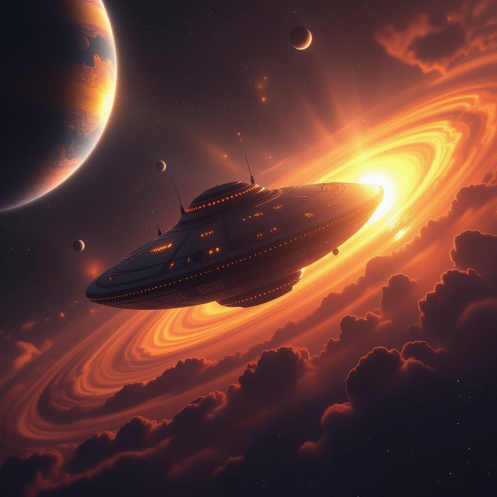 Mushroom Spaceship Near Sun in Digital Art Style