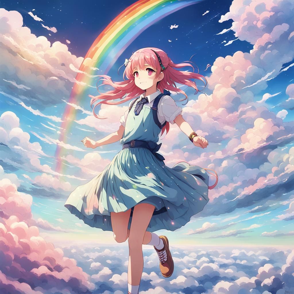 Anime Girl Flying in Clouds with Rainbow Dress