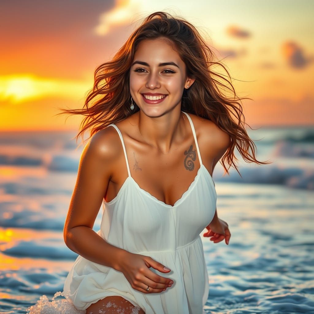 Radiant Young Woman on Tropical Beach at Sunset