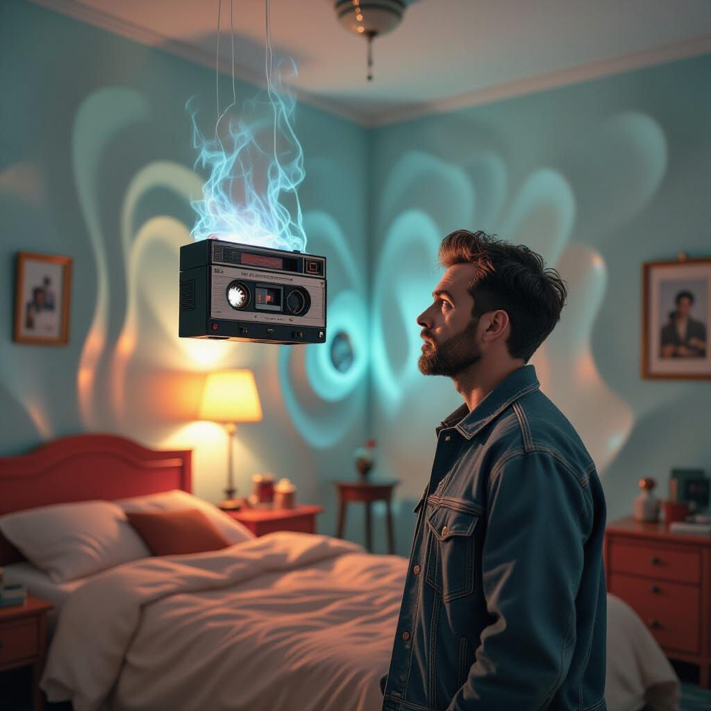 Man Stares at Floating Cassette Player in Surreal Bedroom