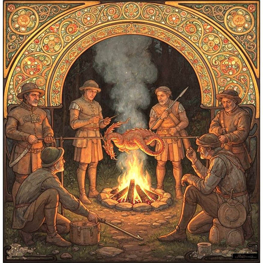 Mediaeval Hunters Roast Dragon in Art Nouveau Style