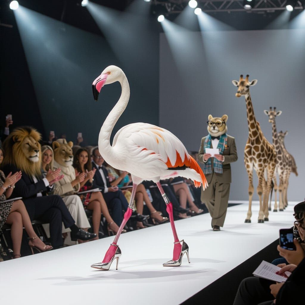 Flamingo Struts Fashion Runway With Animal Audience
