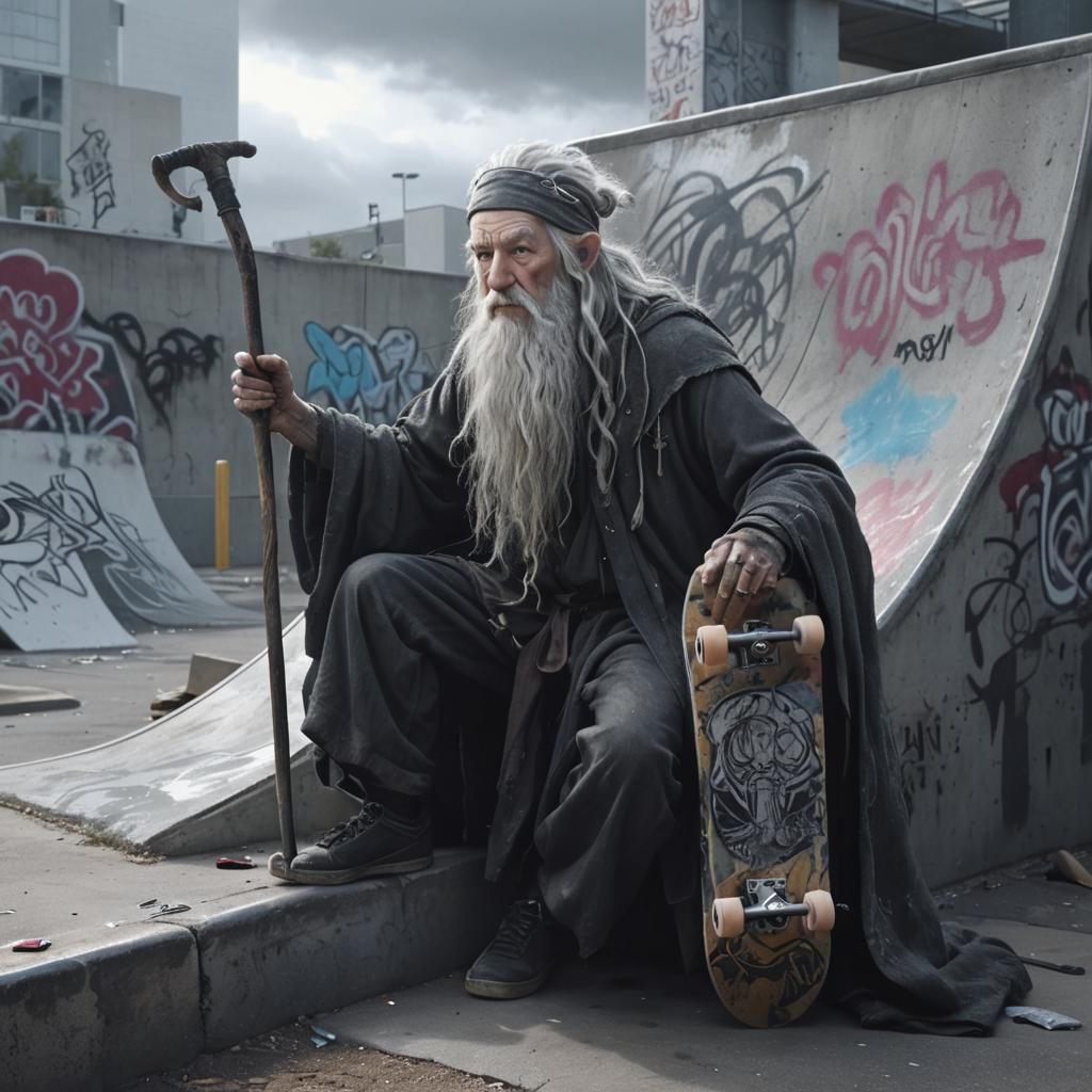 Edgy Punk Gandalf in Skate Park, Art Deco Style