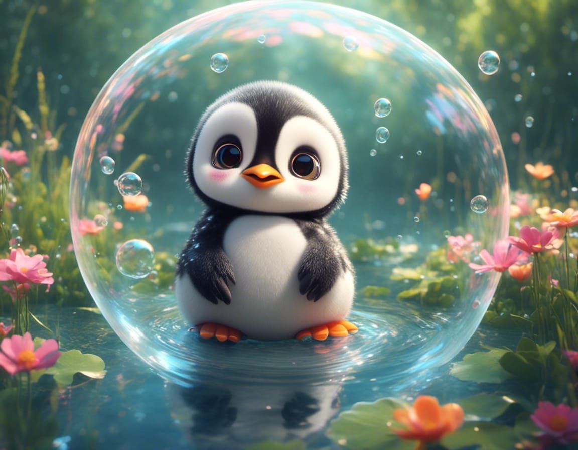 Cute Baby Penguin in Bubble, Digital Art Style