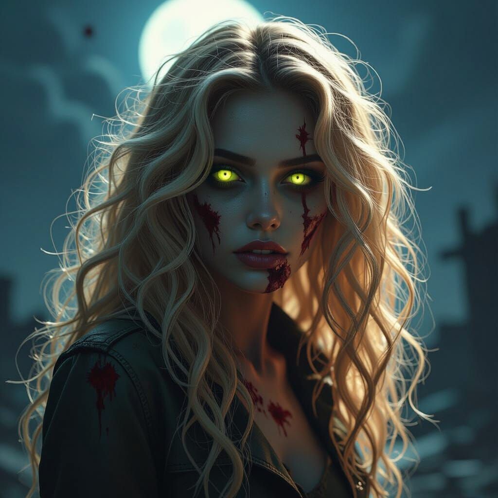 Eerie Zombie Woman in Moonlight, Dark Fantasy Art