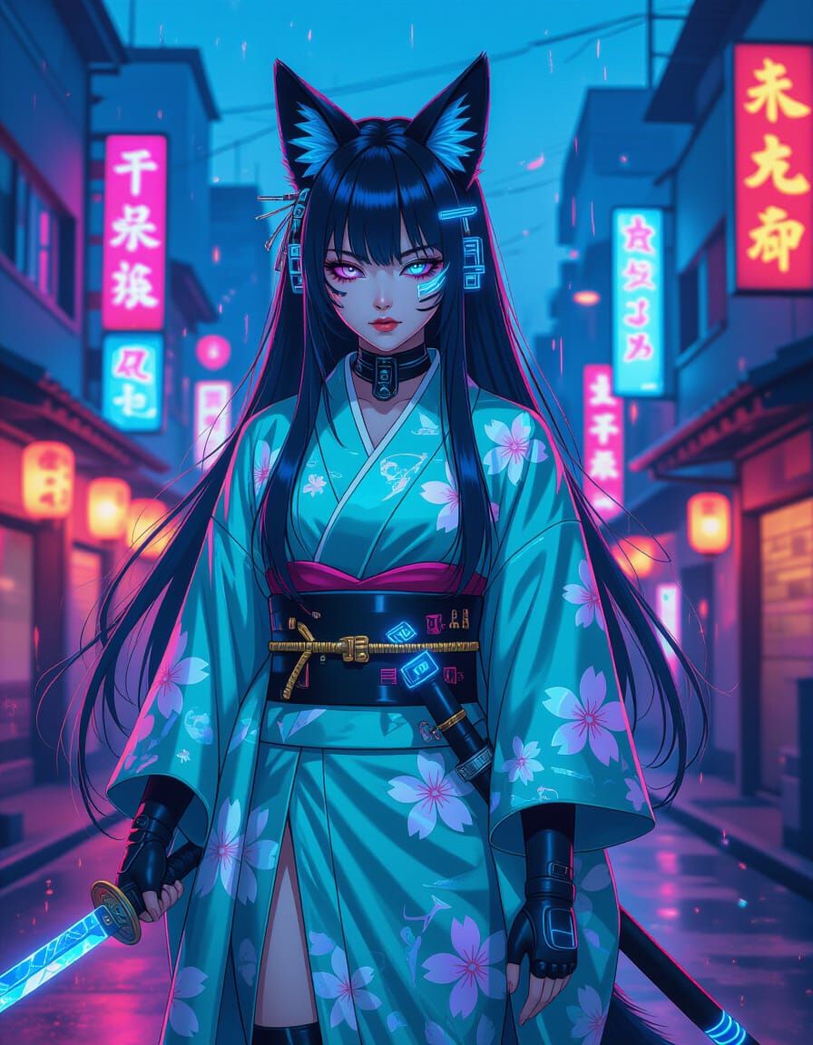 Cyberpunk Kitsune Warrior in Neon City