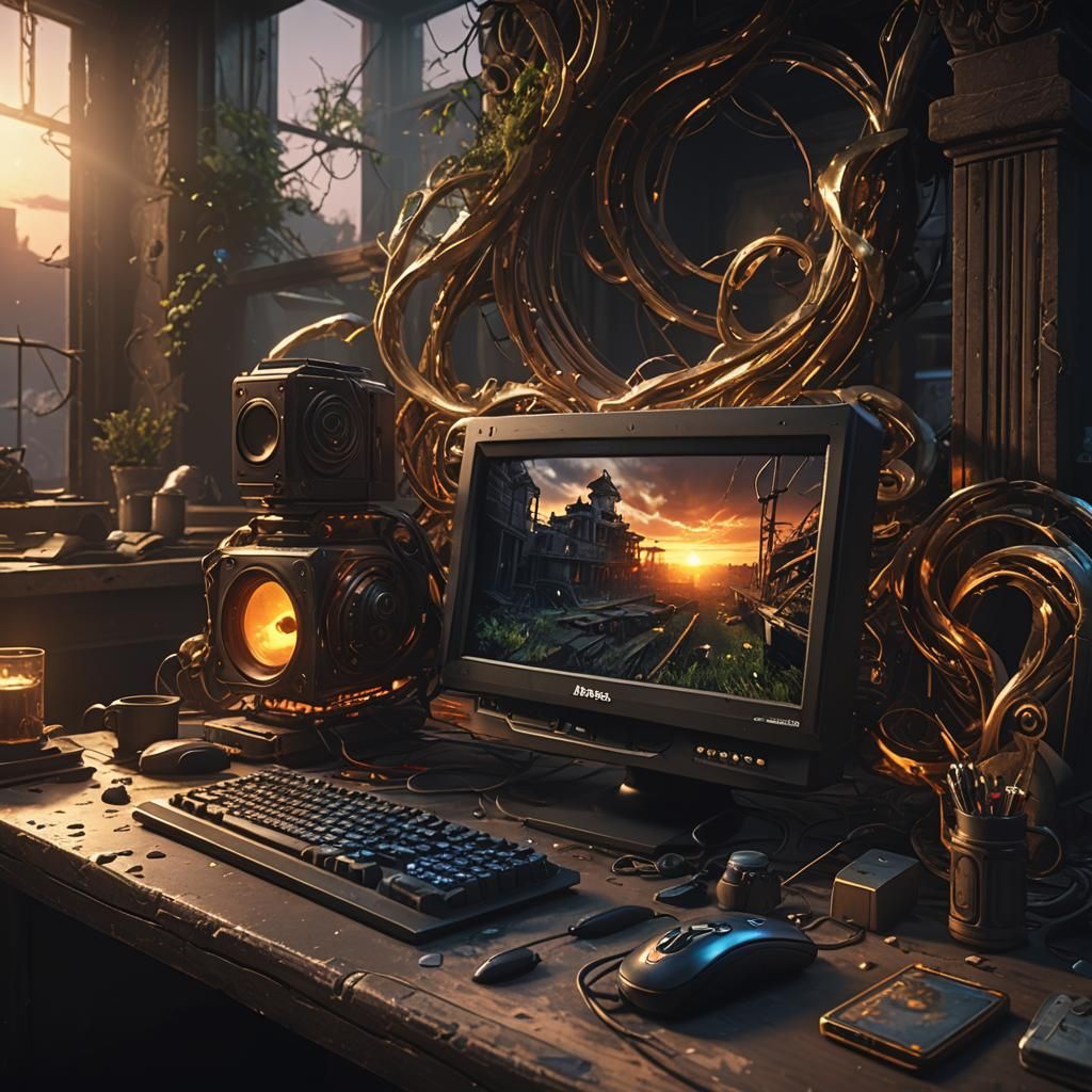 Abandoned Computer in Dark Room: 3D Game Graphics