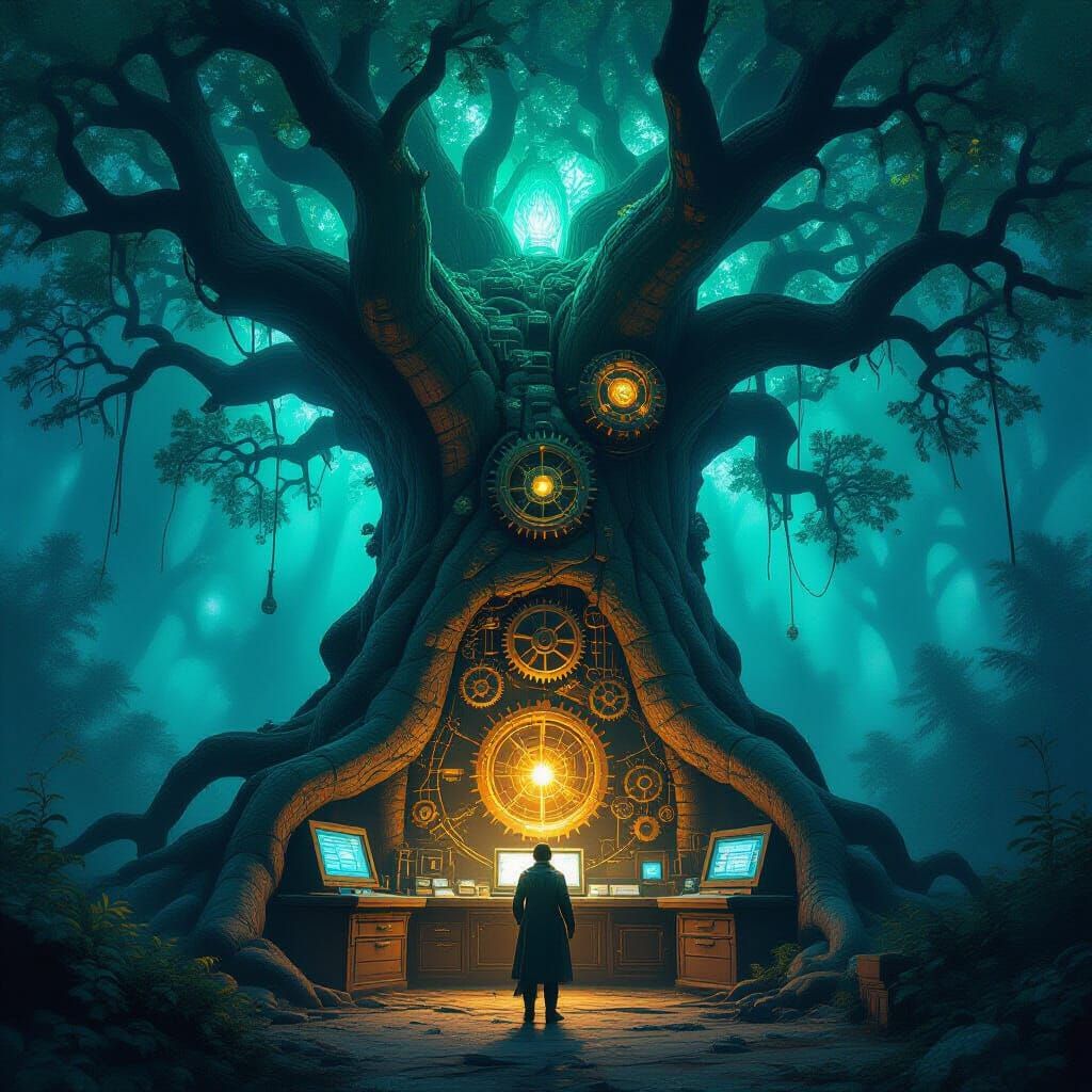 Ancient Tree Mechanical Marvel in Dark Fantasy Steampunk Sty...