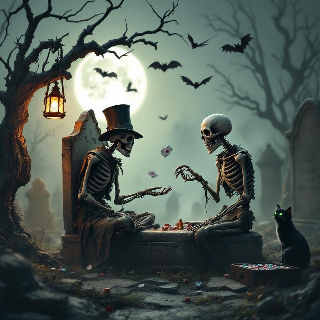 Humorous Skeletons Play Poker in Graveyard at Night
