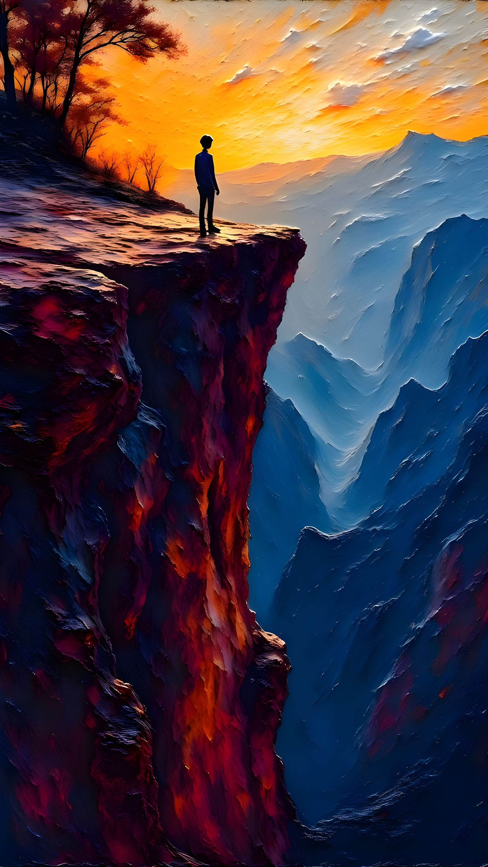 Dramatic Cliff Edge Figure in Neo-Impressionist Style