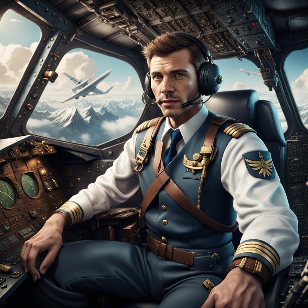 Handsome Pilot Captain in Plane Cockpit