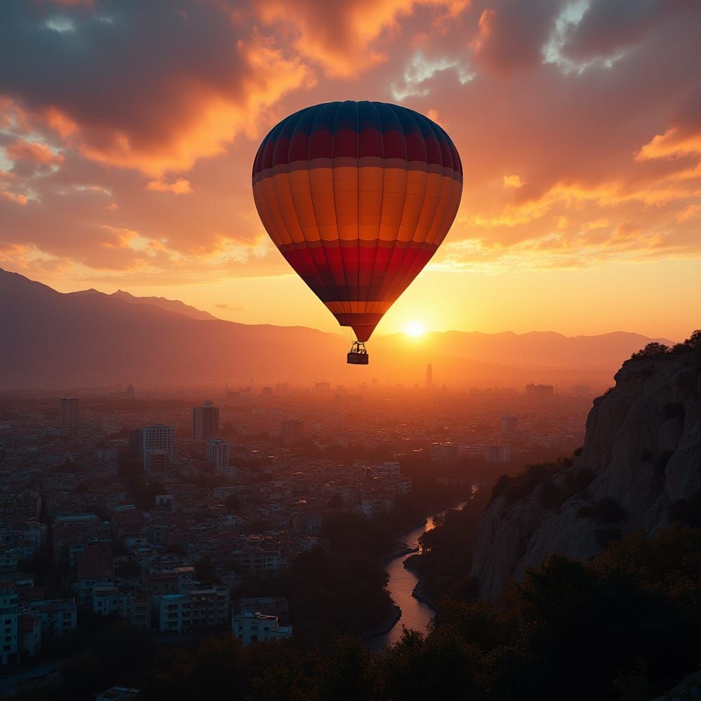 Hot Air Balloon at Sunset in Cinematic Style