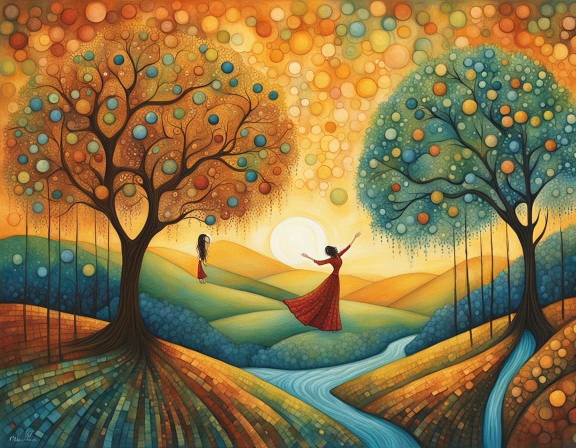 Enchanting Women Dance Around Winetree in Watercolor
