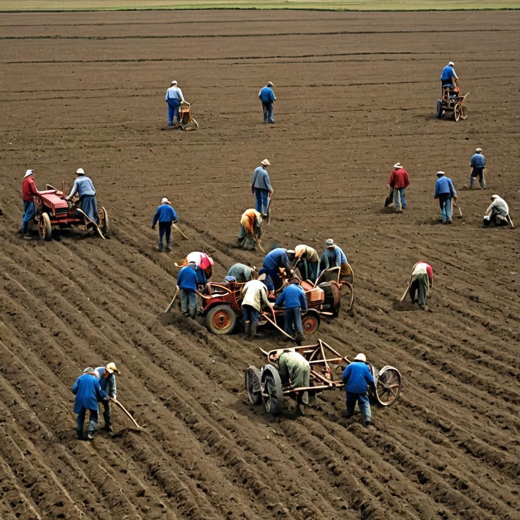 Gathering Ploughs in Naive Art Style