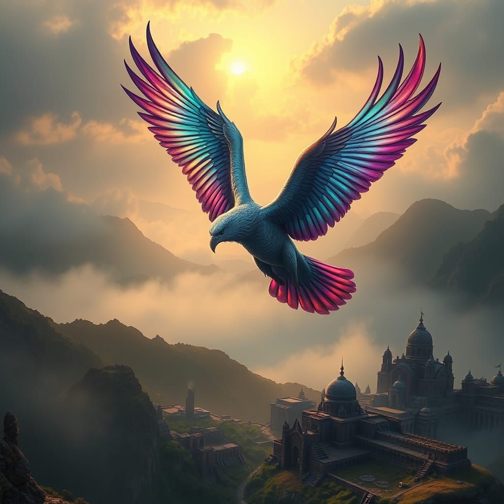 Majestic Griffin Soars Over Misty Mountains at Dawn in Hyper...