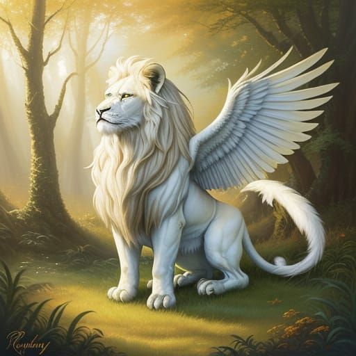 Winged White Lion at Forest Edge: Oil Painting