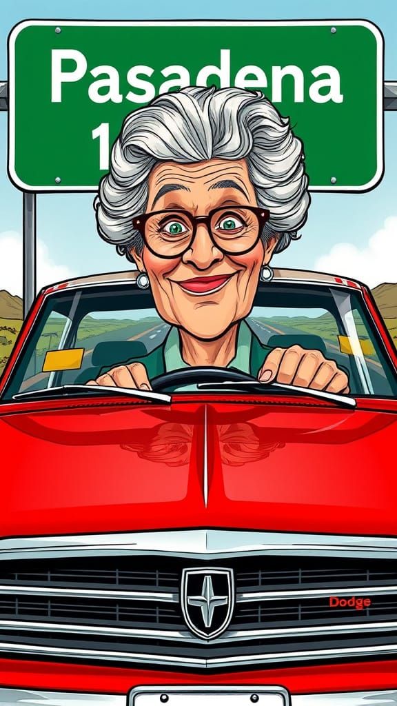 Cartoon Granny Drives Red Dodge: Glass Painting Caricature