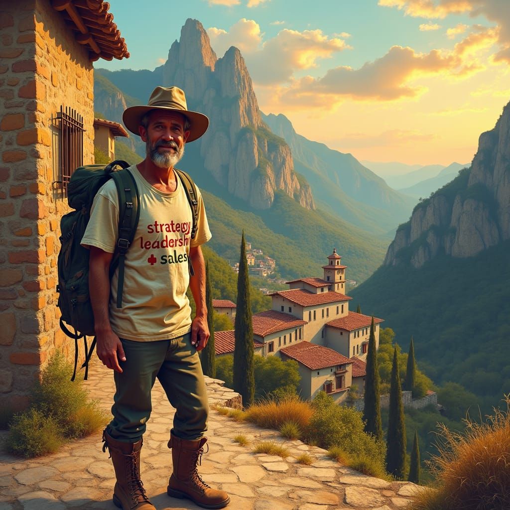 Smiling Traveler in Spanish Village, Surreal Digital Art