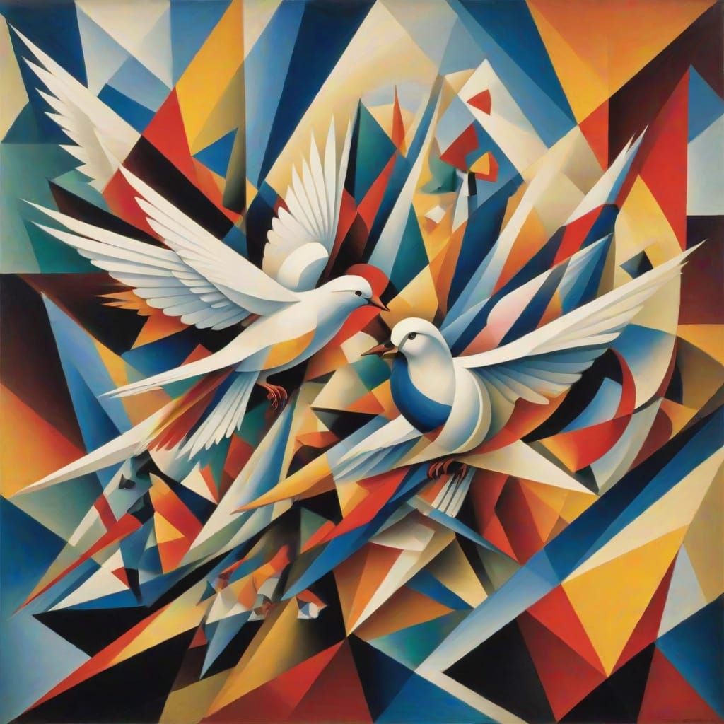 Surreal Doves Realm in Futuristic Cubist Style