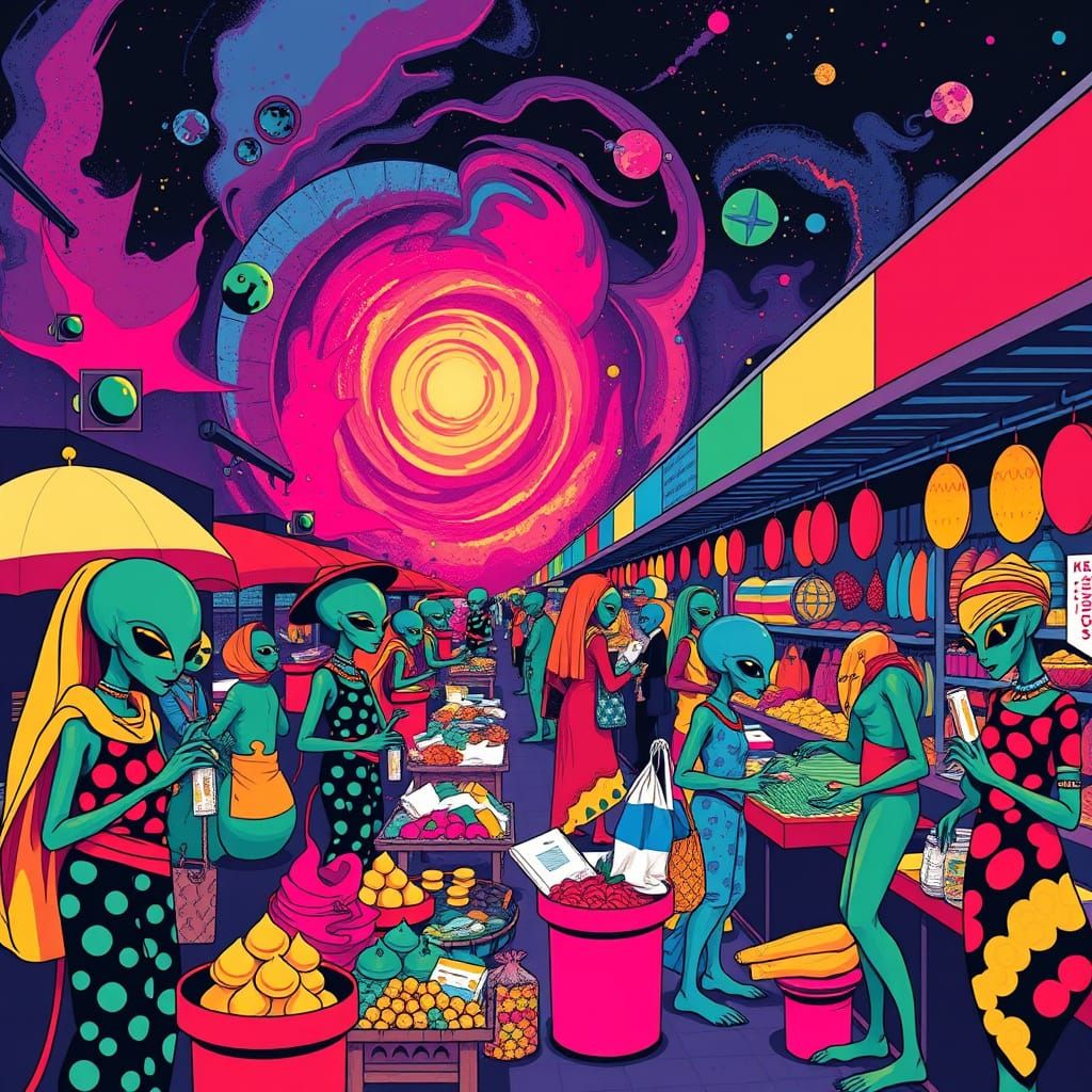 Vibrant Intergalactic Market Scene in Geometric Pop Art Styl...