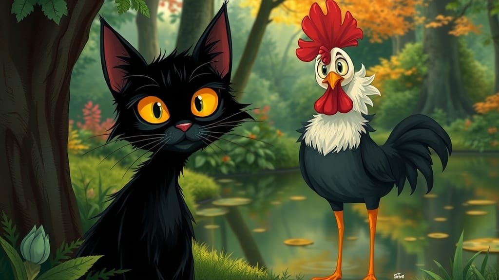 Whimsical Black Cat and Chicken Duo in Lush Forest