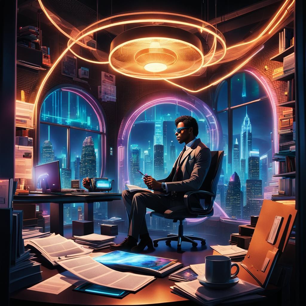 Gritty Detective in Neon Cyberpunk Cityscape