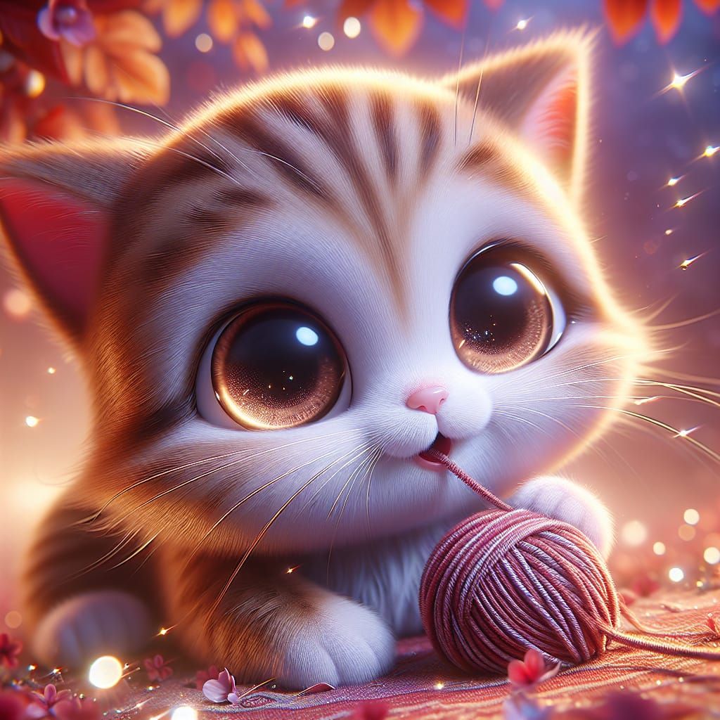 Cartoon Kitten Chewing Yarn in Digital Matte Painting