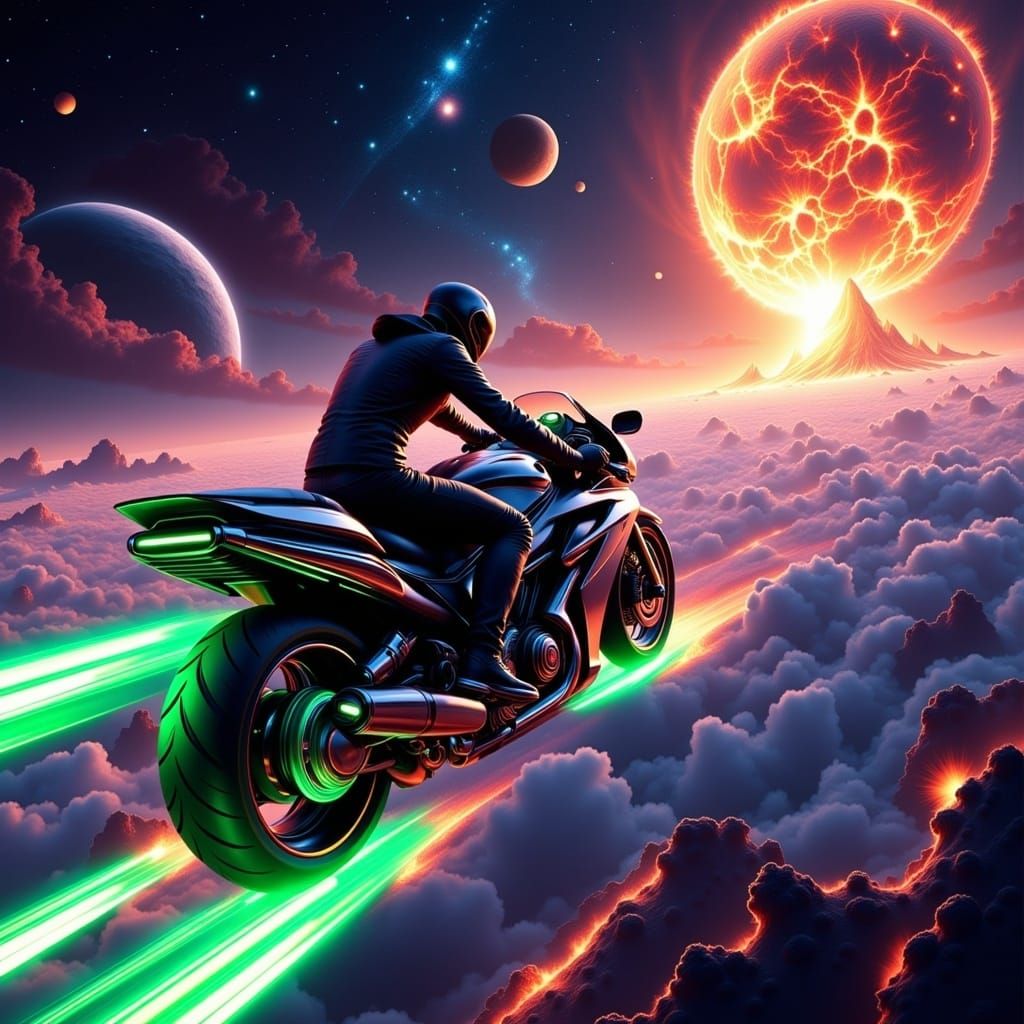Biker Soaring Through Space in Photorealistic Style