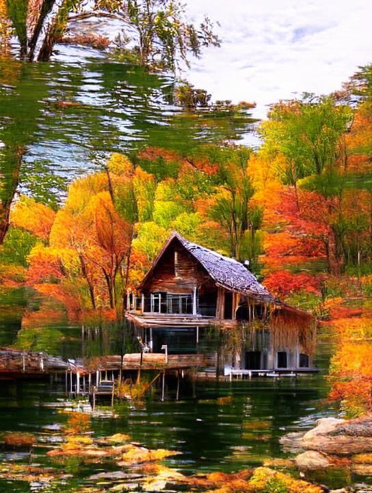 Lake House Amidst Autumn Foliage