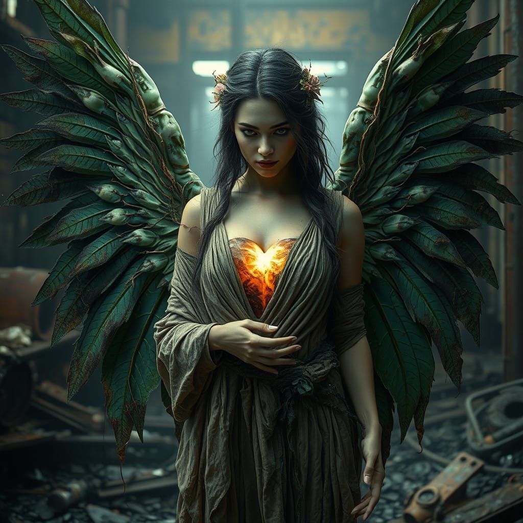 Mystical Woman with Jade Wings in Decayed Fantasy Realm