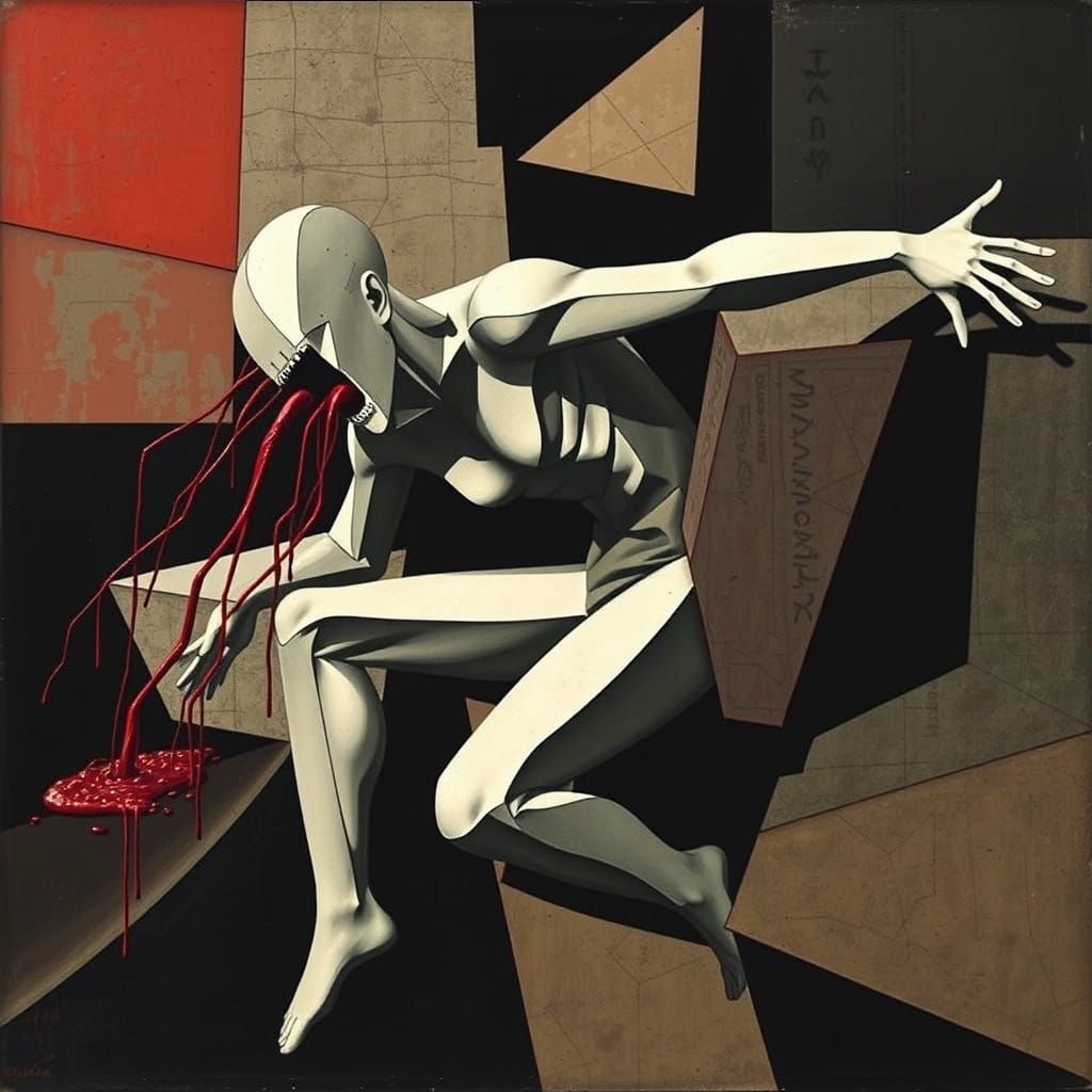 Cubist Figure Escaping Torment in Stark Geometric Style