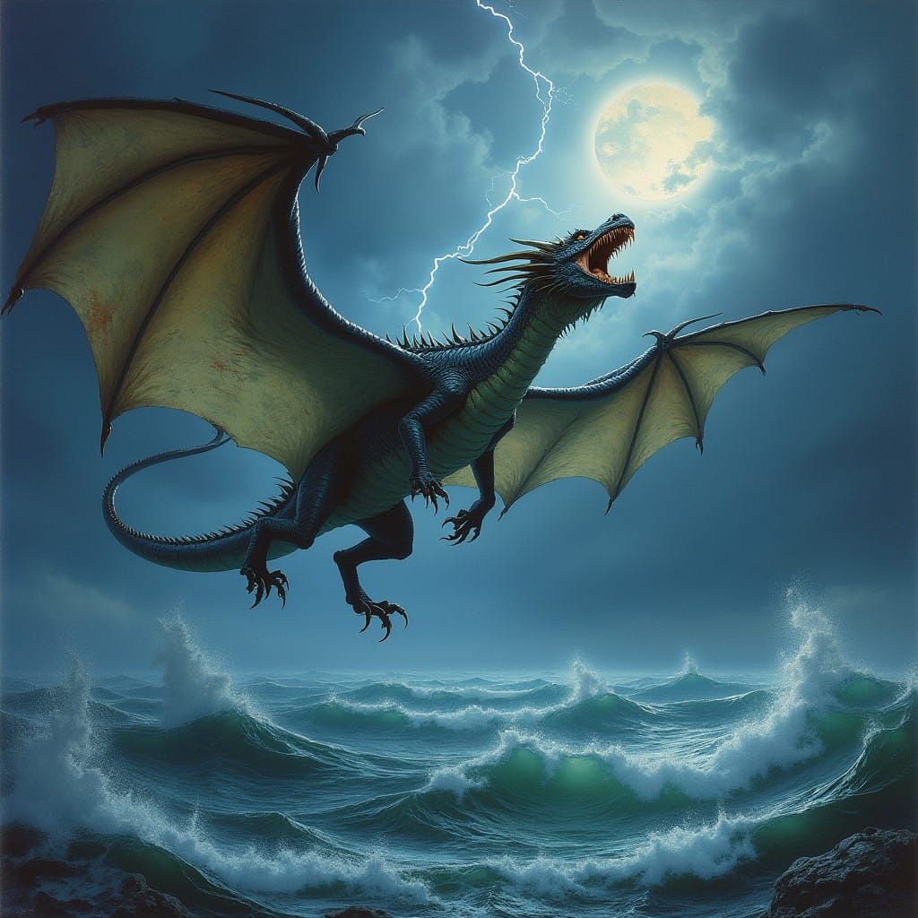 Majestic Dragon Soars Amidst Turbulent Seascape in Epic Fant...