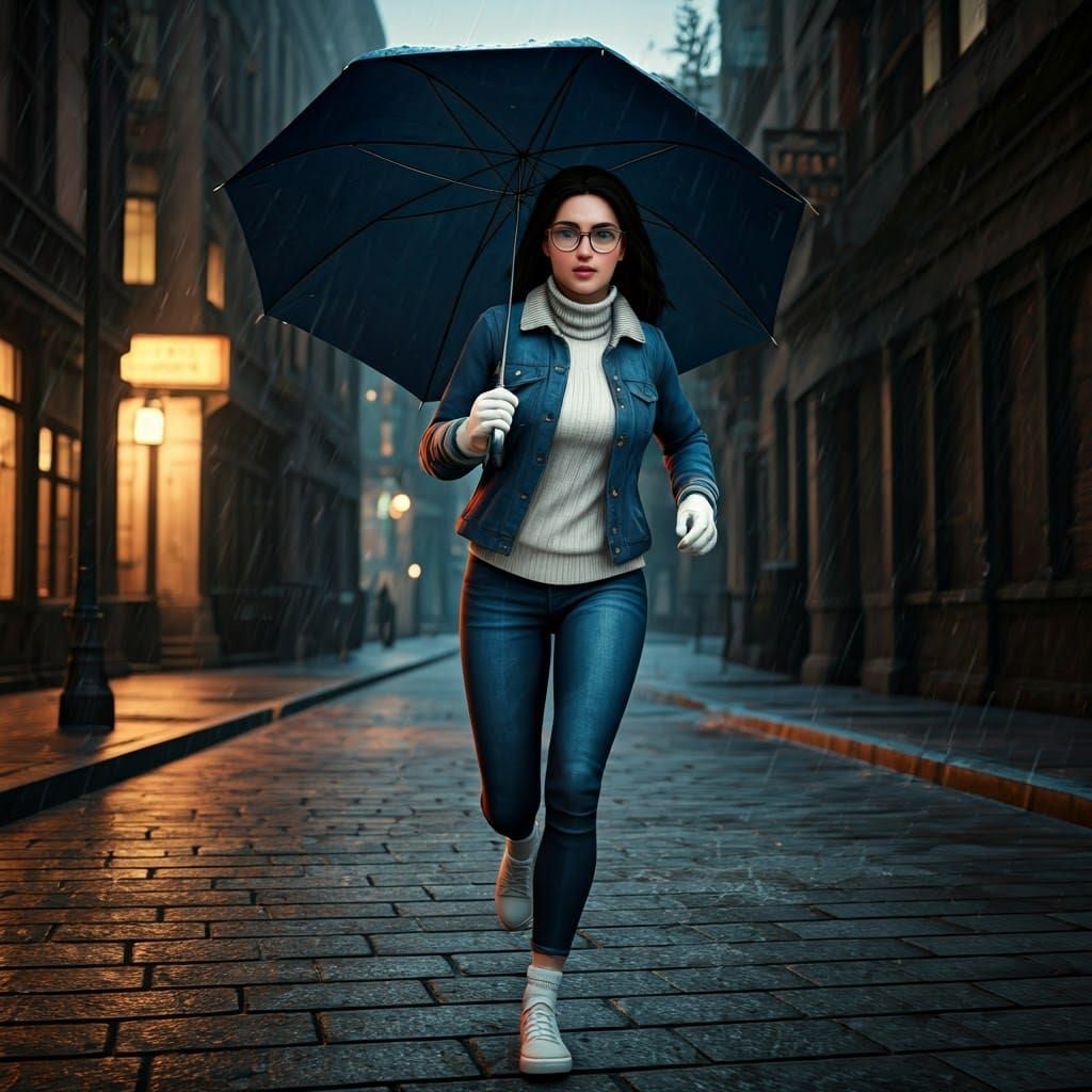 Elegant Diana Prince Runs Down Rainy Street in Matte Paintin...