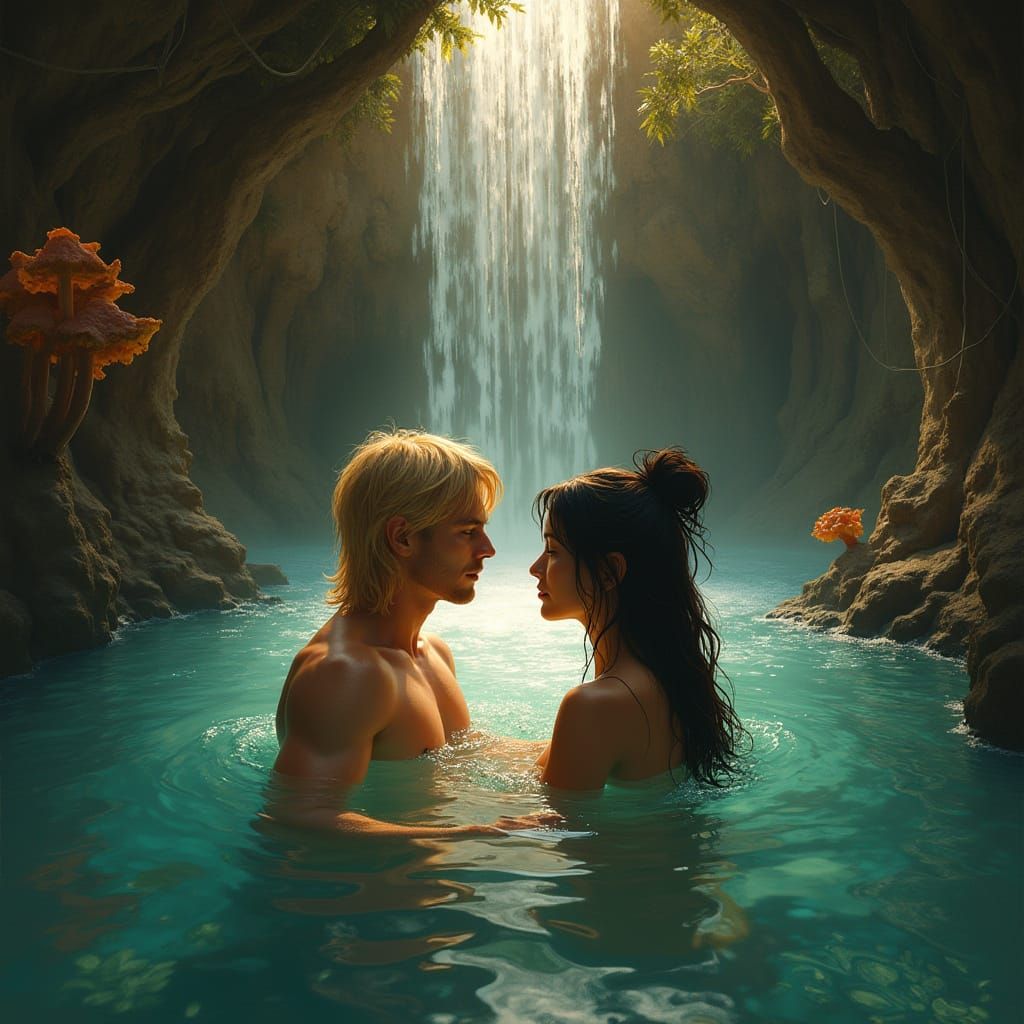 Medieval Oasis Scene with Blond Man and Raven-Haired Woman