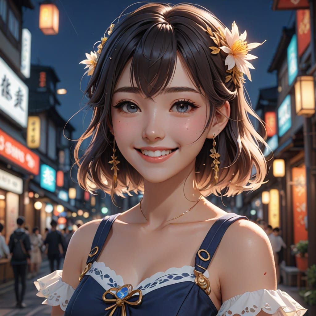 Beautiful Teen Smiling in Cute Dress, 3D Anime Art