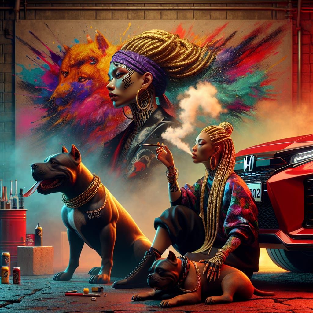 Golden Braids: Woman Smoking Near Red Car