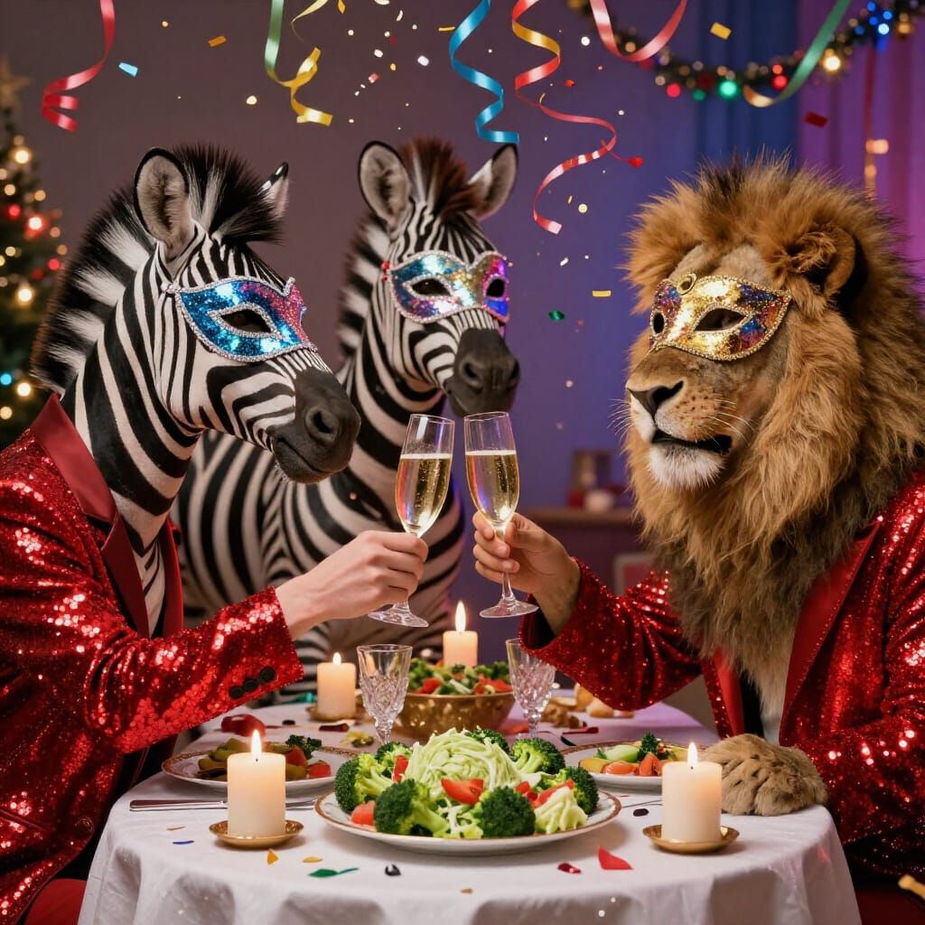 Zebras and Lion Toasting in Sequined Suits with Festive Ligh...