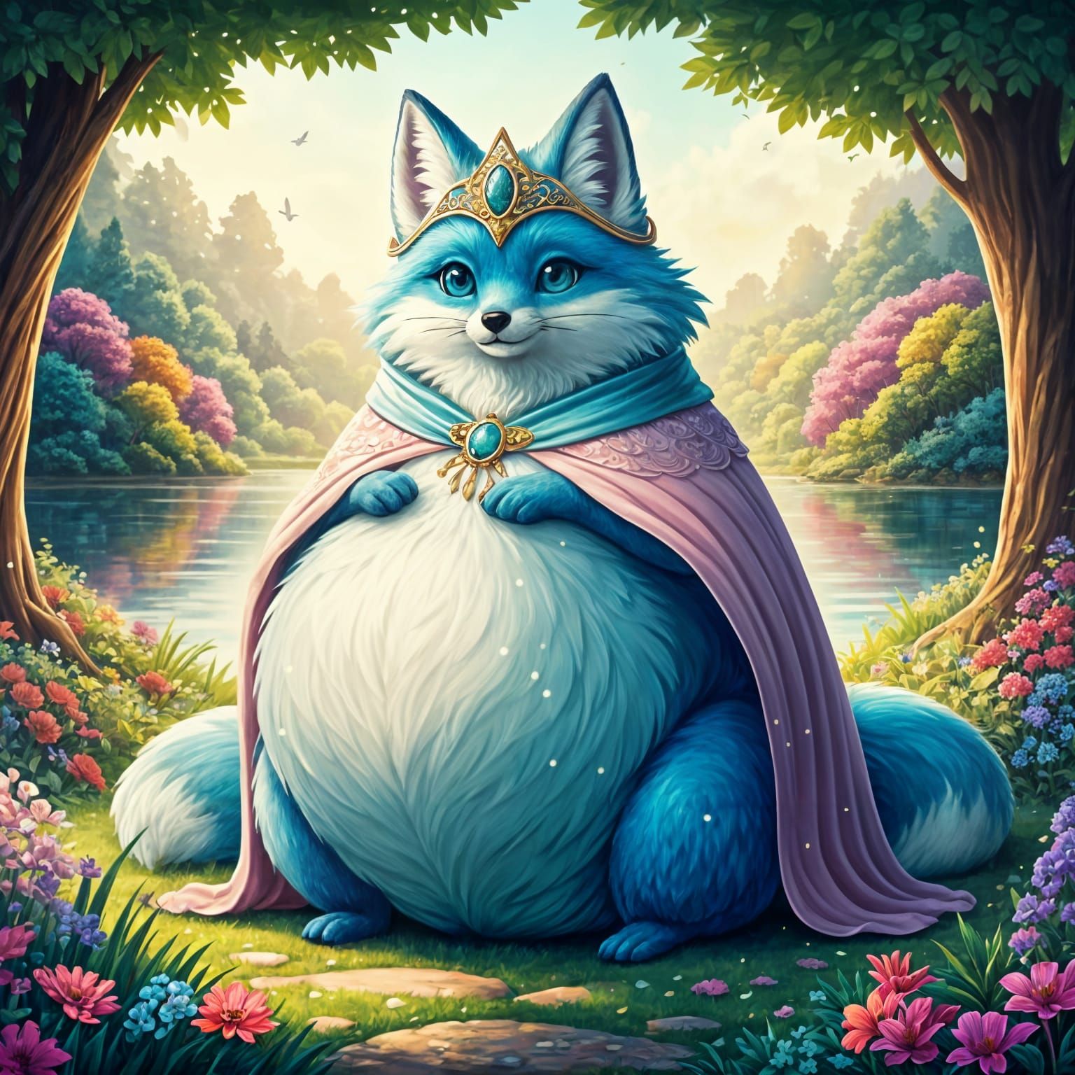 Cosmic Fox Queen in Whimsical Lakeside Garden