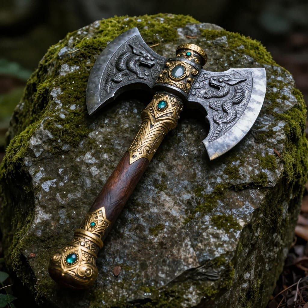 Ancient Battle Axe with Jewels in Stone