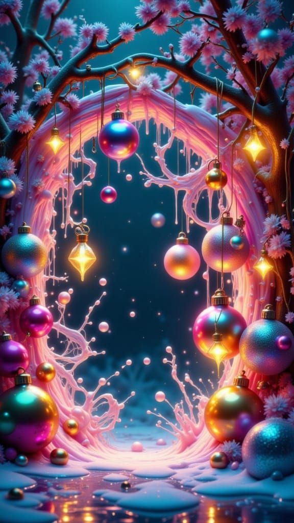 Neon Christmas Frame with Dripping Ornaments