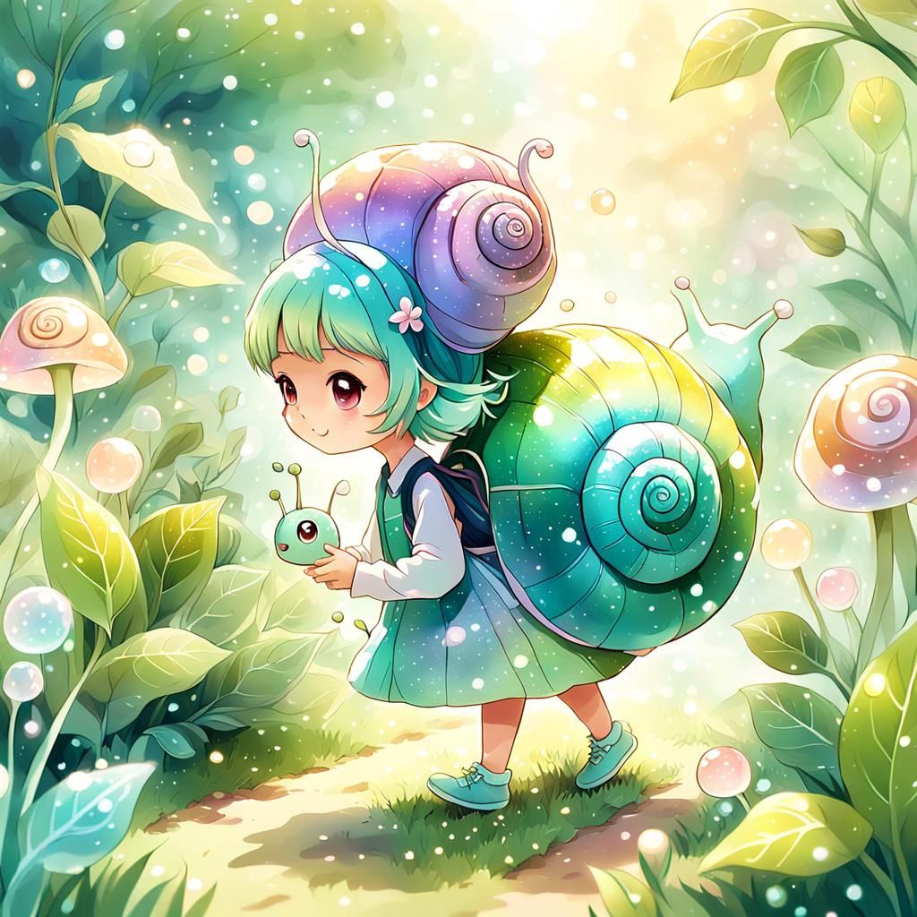 Kawaii Snail Girl in a Pastel Garden