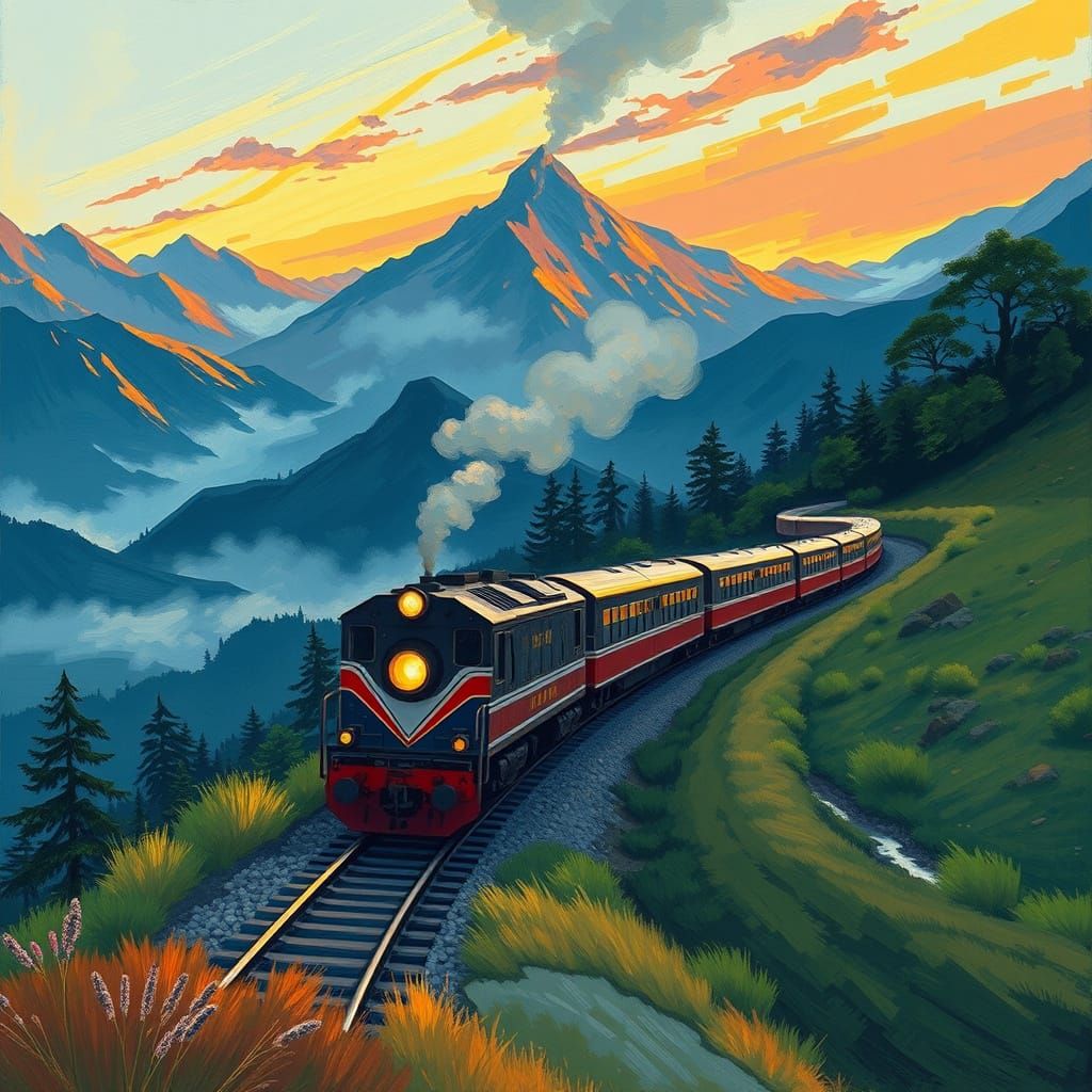 Train Speeds Through Serene, Misty Mountainscapes