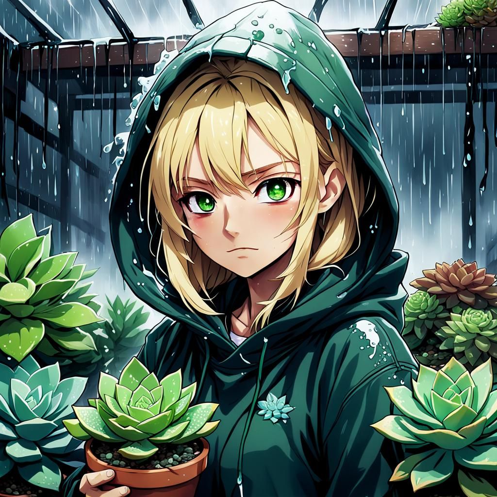 Anime Girl Protects Succulents from the Storm