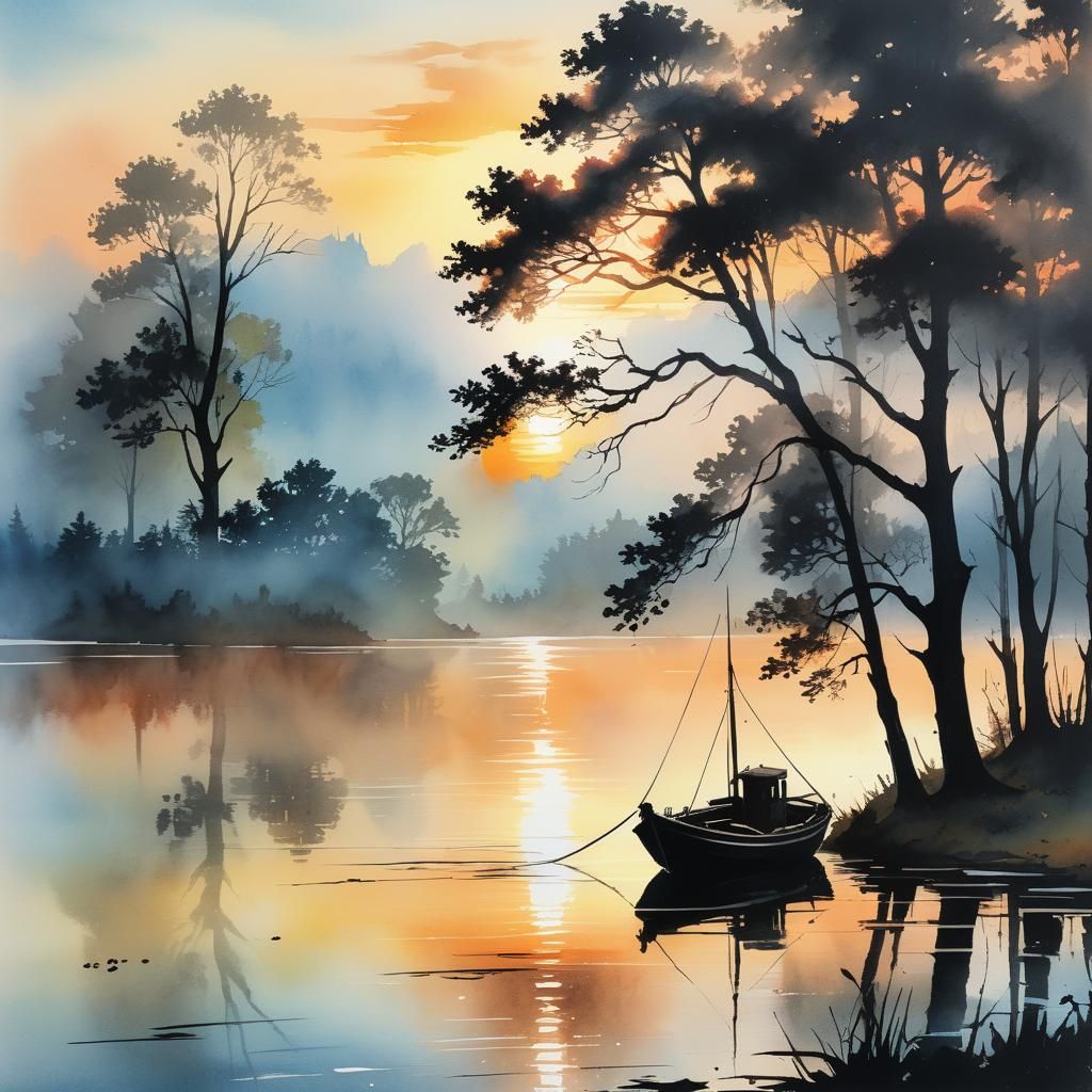 Moored Boat on Misty Lake at Sunset: Gouache Art