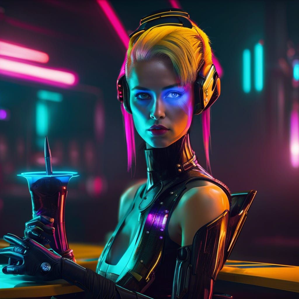 Robot Girl Waiter in Cyberpunk Neon City