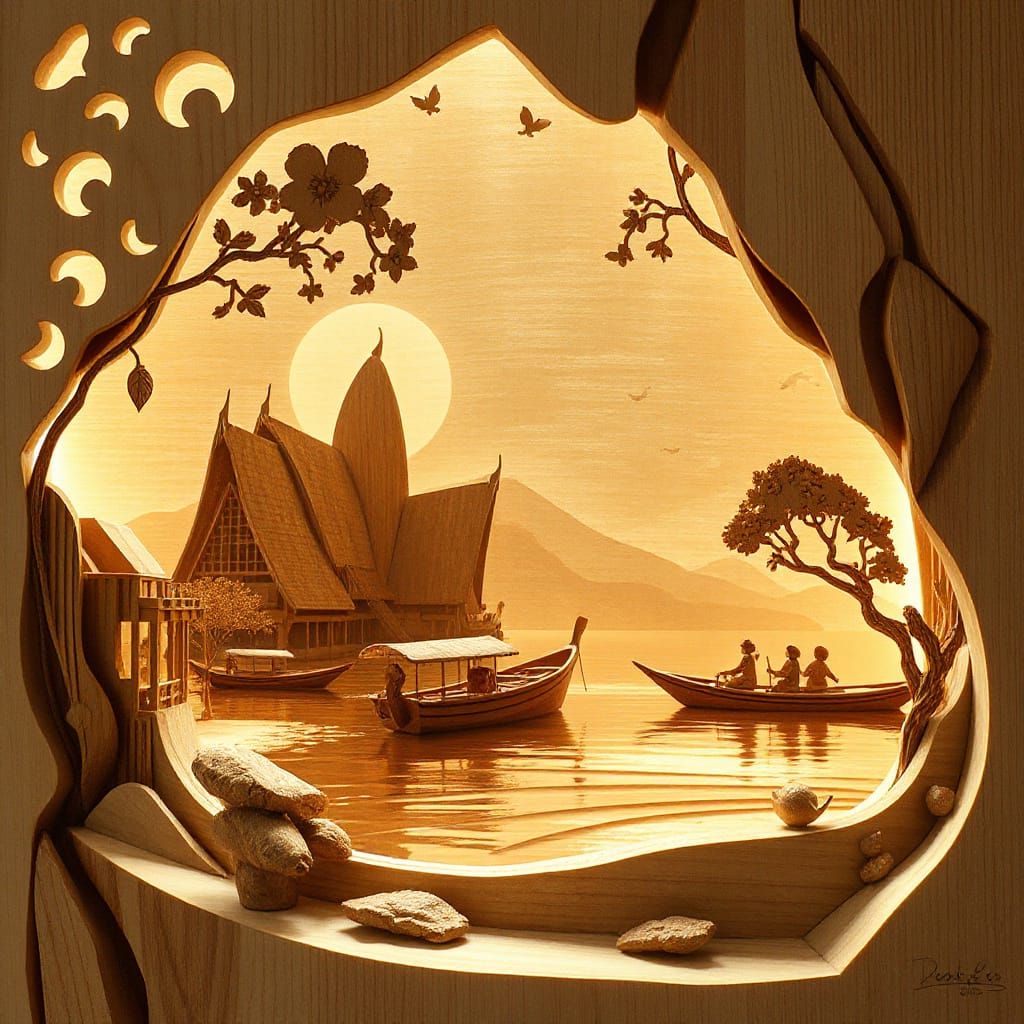 Wooden Thai Boat Scene in Digital Painting Style