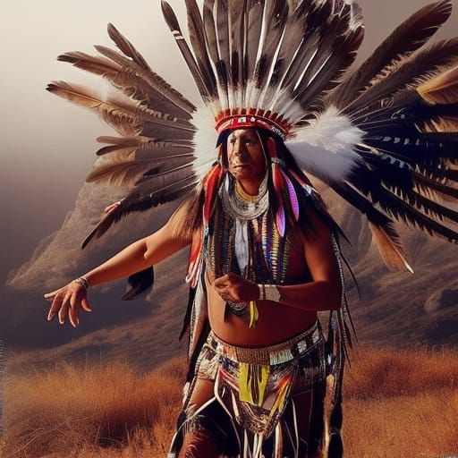 Native American Indian wearing feathers is dancing the 'Eagle Dance'