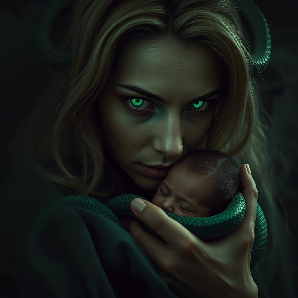 Enigmatic Green-Eyed Medusa in Intimate Portrait